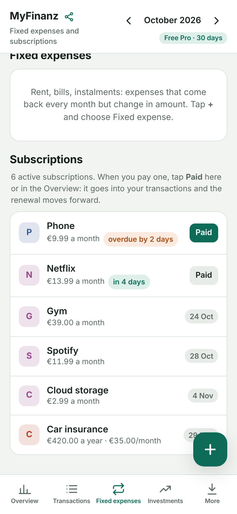 List of subscriptions with their renewal dates