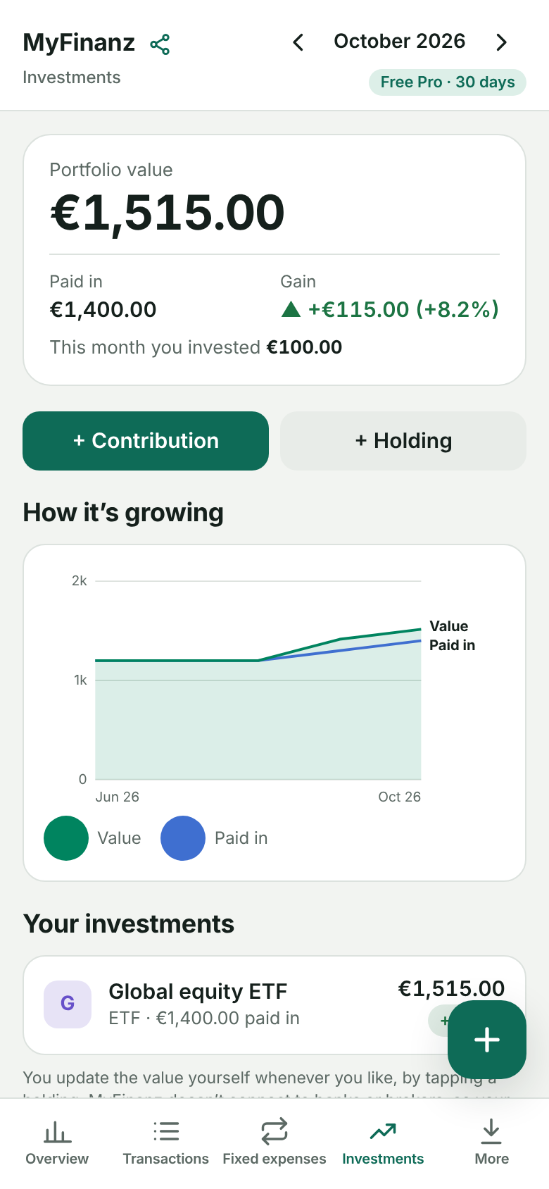 Investments screen with the growth chart