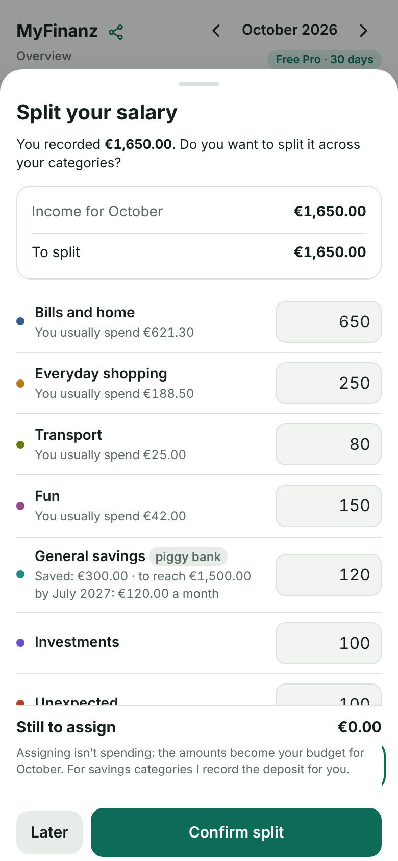 Split-your-salary screen with the categories