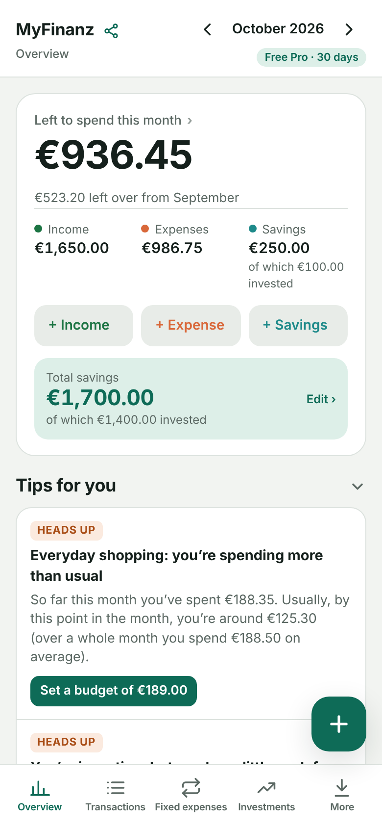 MyFinanz Overview screen: how much you have left this month, income, expenses and savings