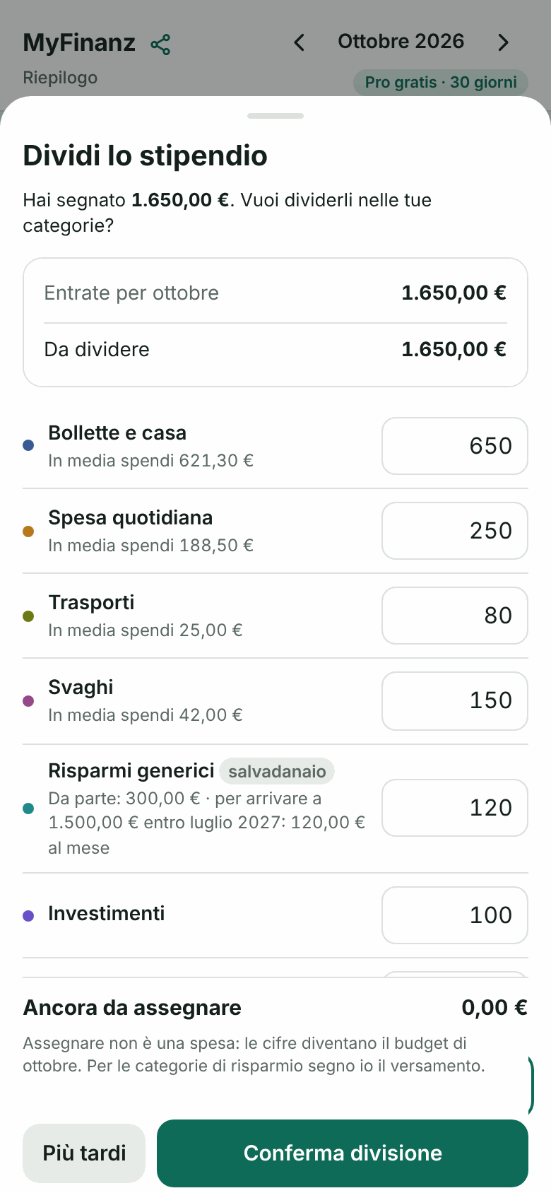 Schermata Dividi lo stipendio nelle categorie